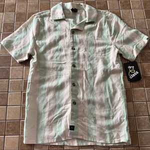 Boys Art Class Button Down Shirt S Beige Green Striped